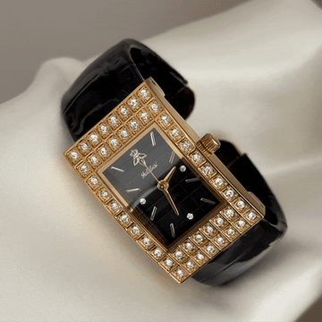 Fashion Bracelet Watch – Black Square Dial Gold Diamond Leather Quartz