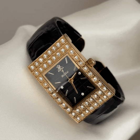 Fashion Bracelet Watch – Black Square Dial Gold Diamond Leather Quartz