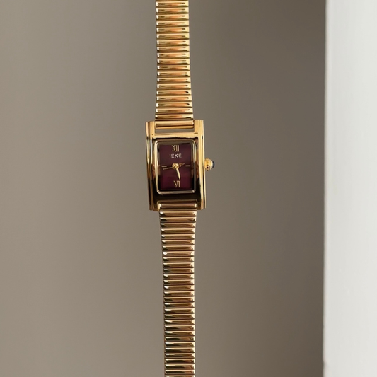 Geometric Edge: Red Square Dial Watch with Gold Rectangular Bezel & Gold Stainless Steel Bracelet