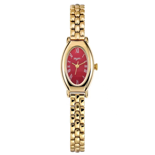 Stylish Red Oval Dial Gold-Tone Watch - A Vintage Bold Statement for Women