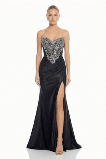 Strapless Crystal Beaded Corset Satin High Slit Gown Evening Dress