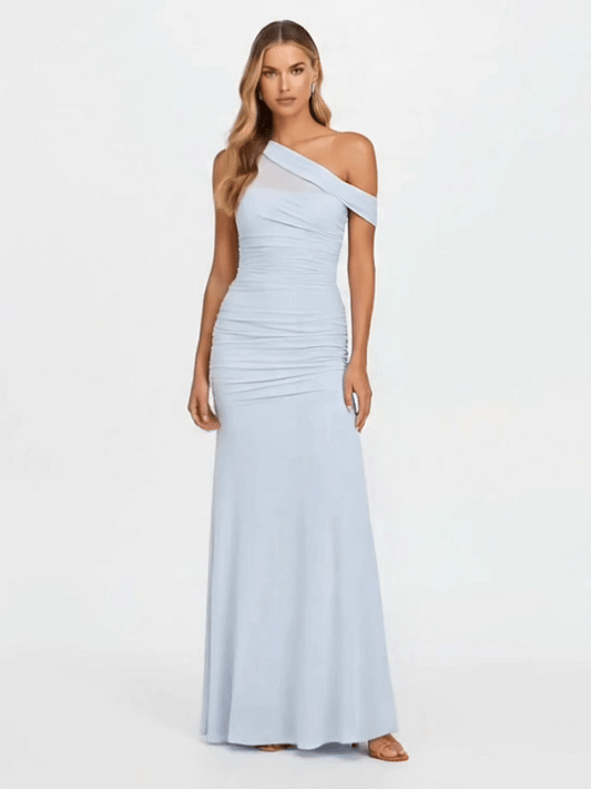 Asymmetric Ruched Mesh Sheer Illusion Maxi Dress