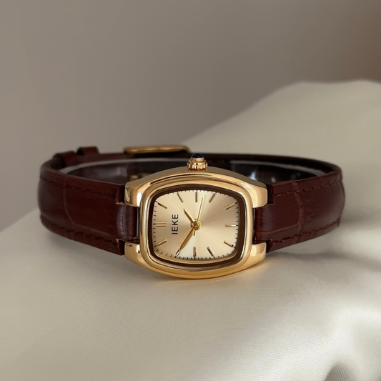 Classic Vintage Gold Tonneau Dial Watch – Brown Genuine Leather Quartz