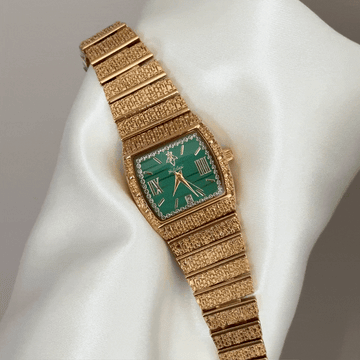 Modern Glamour: Green Rectangle Diamond Dial with Gold Bezel & Bracelet