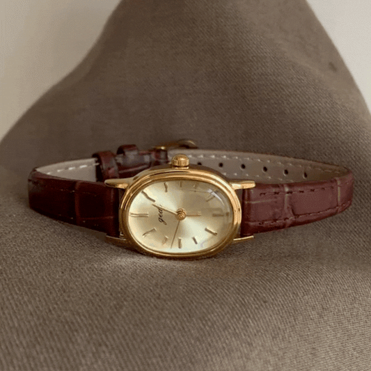 Autumn Muse – Women’s Oval Gold Watch with Brown Leather Band