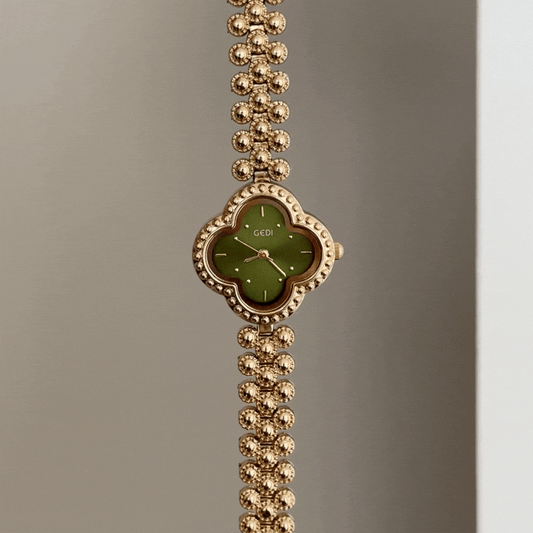 Gilded Natural: Green Clover Dial Watch with Gold Clover Bezel & Alloy Bracelet