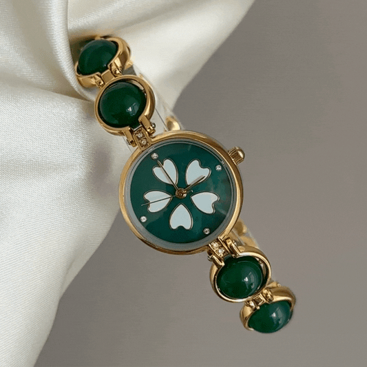 Vintage Green Clover Luminous Dial Watch – Gold Bezel & Gemstone Bracelet Quartz