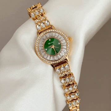 Opulent Allure: Green Dial Watch with Gold Diamond Bezel & Diamond-Set Bracelet