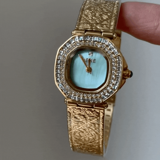 Gold Bangle Watch for Women – Vintage-Inspired Rectangle Crystal Case with Green Mother-of-Pearl Dial | Emerald