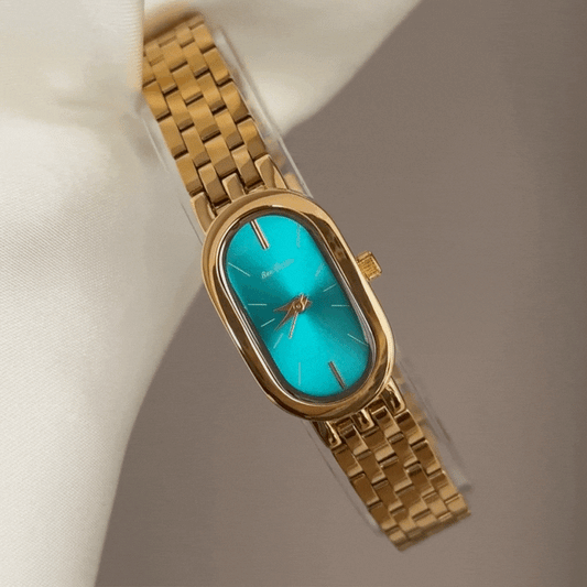 Modern Minimalist Blue Long Oval Dial Watch – Gold Stainless Steel Quartz Bracelet