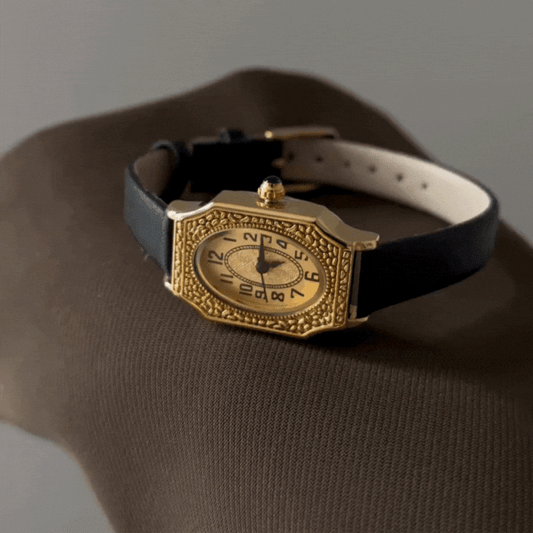 Gilded Noir – Women’s Baroque Frame Watch with Black Leather Band