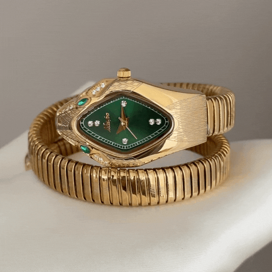Exotic Green Snake-Head Dial Watch: Diamond Accents, Gold Bezel & Bracelet, Quartz