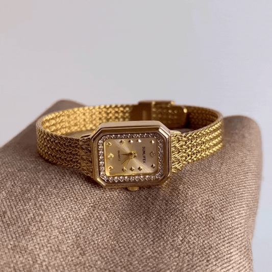Rectangular Glamour: Gold Rectangular Dial Watch with Gold-Tone Stainless Steel Bracelet