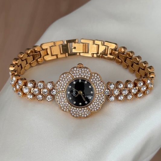 Floral Diamond Watch - Black Dial & Gold Half-Diamond Bracelet | Asymmetrical Quartz