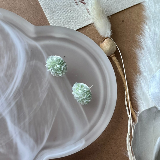 Handmade Beaded Floral Earrings – Original Design in Soft Green, Japanese AIKO Antique Beads, French LM Sequins, S925 Silver Posts