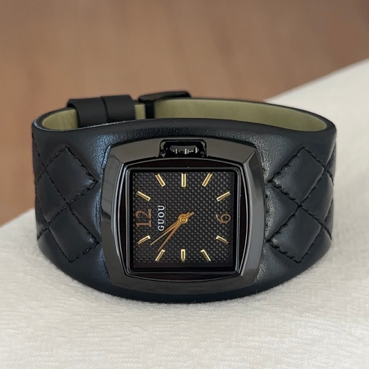 Contemporary Square Black Dial Black Case Genuine Leather  Strap Quartz Watch