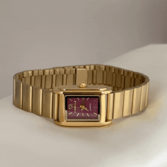 Confident Red Square Dial Watch – Gold Bezel & Stainless Steel Bracelet Quartz