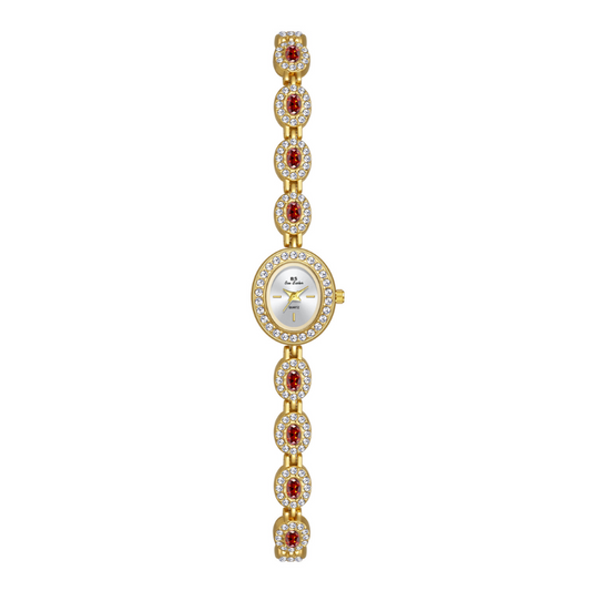 Women’s Gold Quartz Watch with Garnet Zirconia Bracelet, Oval Crystal Case & White Dial | Éclat