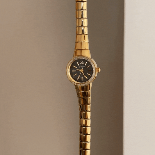 Urban Edge Black Round Dial Snake Chain Watch – Gold Alloy Quartz