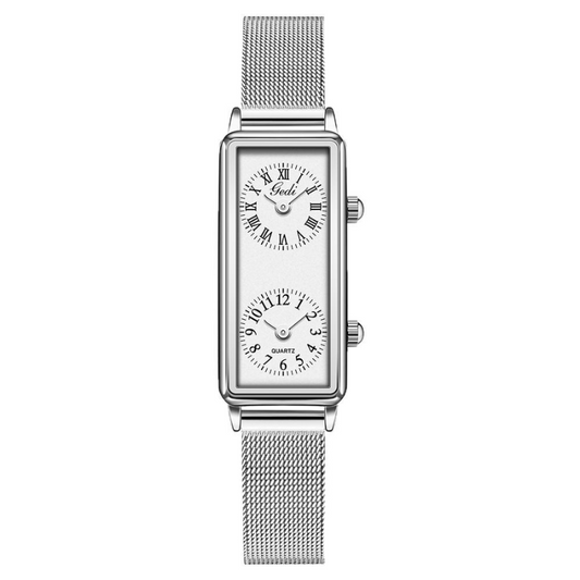 Silver Dual-Time Women's Watch – Rectangular Case with White Dial｜Voyager