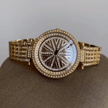 Diamond Glamour: Golden Diamond Round Dial Watch with Diamond Bezel & Bracelet