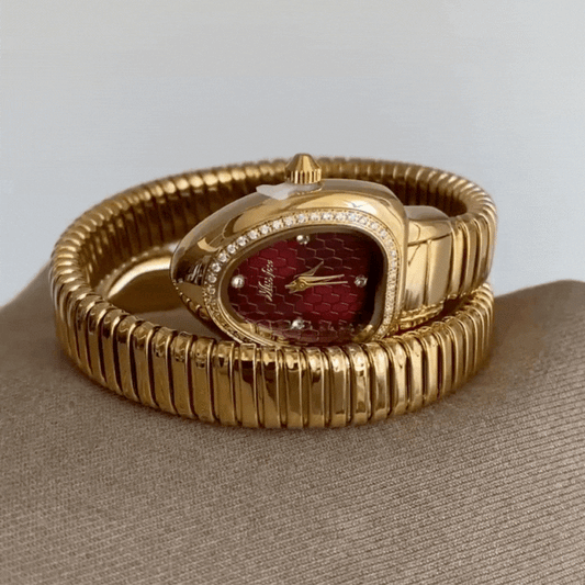 Serpenti Wrap Gold Bangle Watch – Snake Head Case with Textured Dial