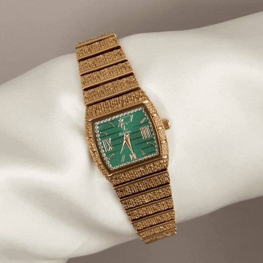 Modern Glamour: Green Rectangle Diamond Dial with Gold Bezel & Bracelet