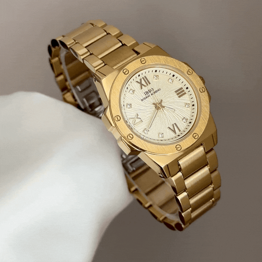 Statement Luxe: Gold Round Dial Watch with Gold Stainless Steel Bracelet