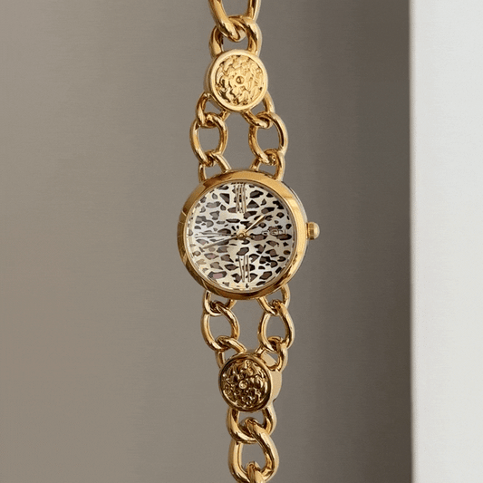 Vintage Glamour: Brown Leopard Print Round Dial Watch with Matching Bracelet