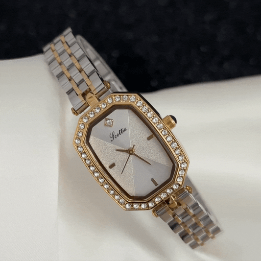 Luxury Silver Diamond Watch - Gold Frame Stainless Steel Quartz
