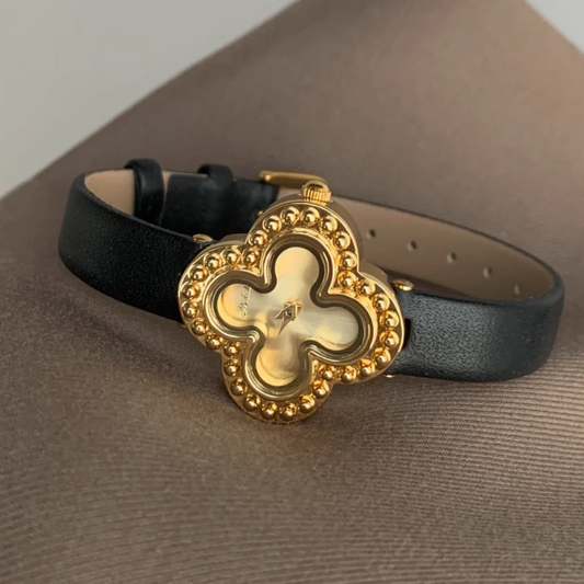 Lucky Bloom – Women’s Gold Clover Watch with Black Leather Band