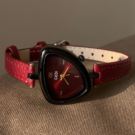 Red Women Watch – Irregular Triangle Face Dainty Watch Leather Strap Unique Style | Flame