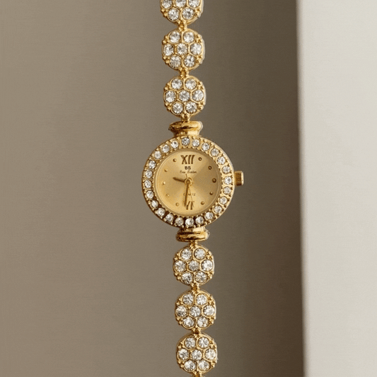Modern Opulence: Gold Dial Watch with Full Diamond Setting