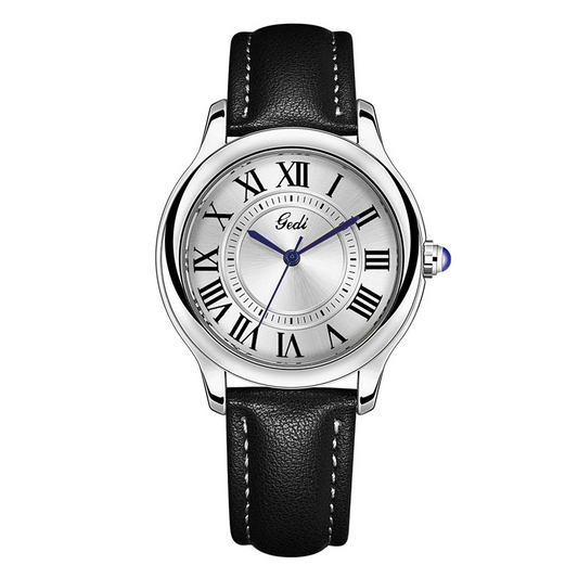 Zeitmesser mit klassischer Eleganz: Uhr aus schwarzem Leder, silbernem Gehäuse und weißem Zifferblatt