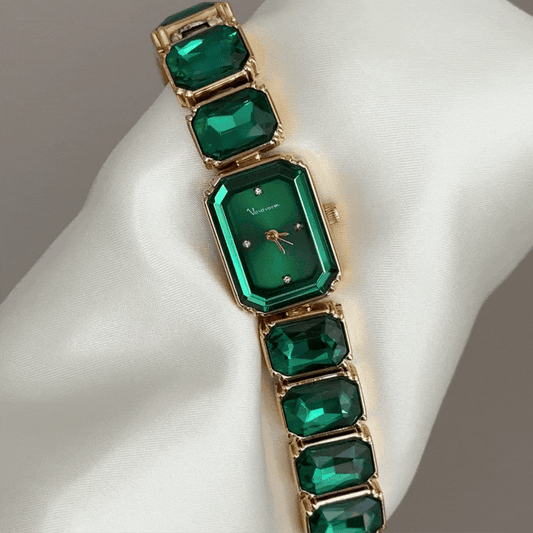 Modern Chic: Green Rectangle Dial with Gold Bezel & Green Gemstone Inlaid Bracelet