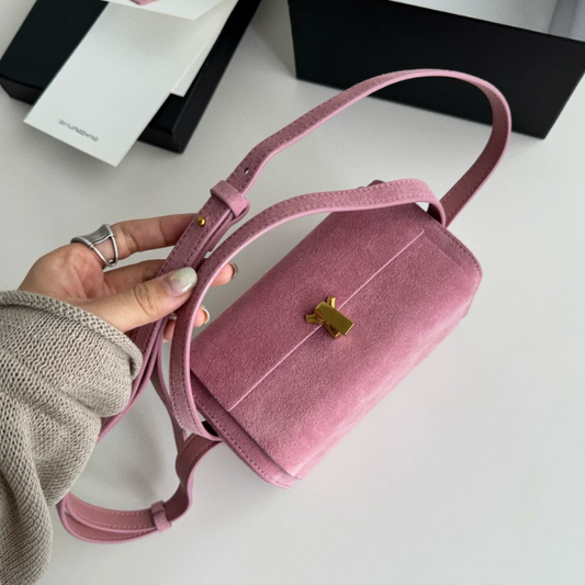 Suede Leather Mini Boston Bag – Sunset Pink, Luxury Soft Cowhide Purse with Adjustable Shoulder Strap