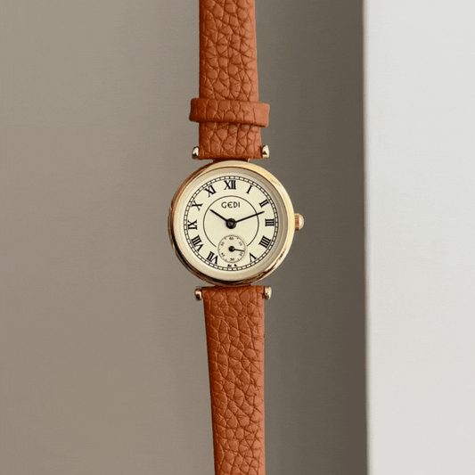 Classic Luxury Gold Round Dial Watch – Gold Bezel & Orange Vegan Leather Strap Quartz