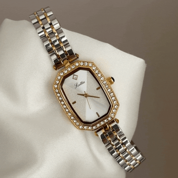 Luxury Silver Diamond Watch - Gold Frame Stainless Steel Quartz