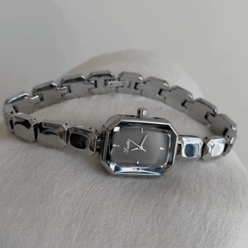 Urban Edge – Women's Silver Beaded Chain Watch with Black Rectangular Face