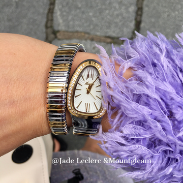 Reloj de brazalete de plata y oro de dos tonos-Caso de oro y vigilancia de cuarzo de dial de serpenti blanco para mujeres