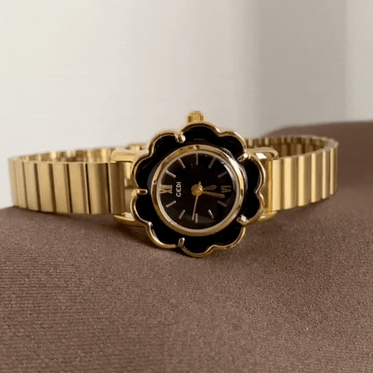 Golden Bloom – Women’s Black Camellia Watch with Bamboo Bracelet