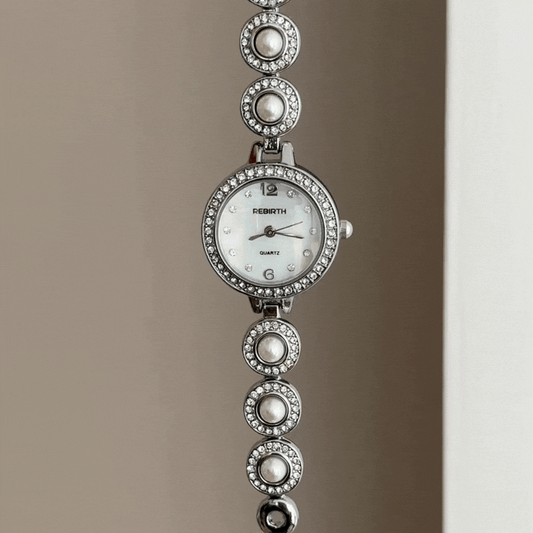 Feminine Refinement: White Round Dial with Diamond Silver Bezel & Pearl-Inlaid Silver Bracelet