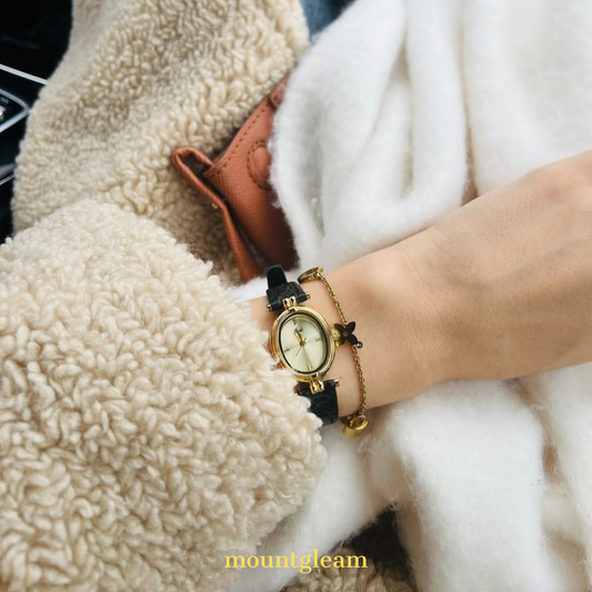 Vintage French-Inspired Quartz Watch for Women – Gold Oval Dial & Black Leather Strap