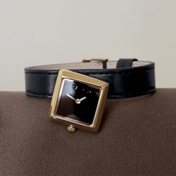 Modern Vintage: Black Square Dial Watch with Gold Square Bezel & Black Leather Strap