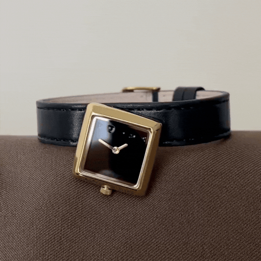 Modern Vintage: Black Square Dial Watch with Gold Square Bezel & Black Leather Strap