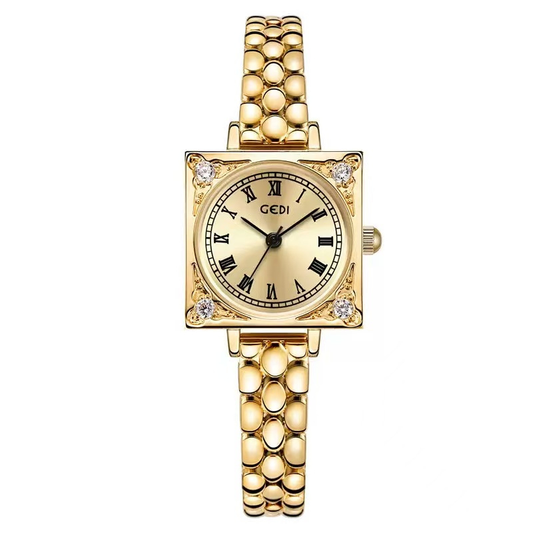 Glamour Contrast: Gold Round Dial Watch with Gold Square Bezel & Gold Alloy Chain Bracelet