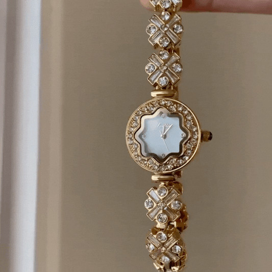 Gold Women’s Watch – Bangle Watch with Snowflake Crystal Bezel & Mother-of-Pearl Dial | Frost