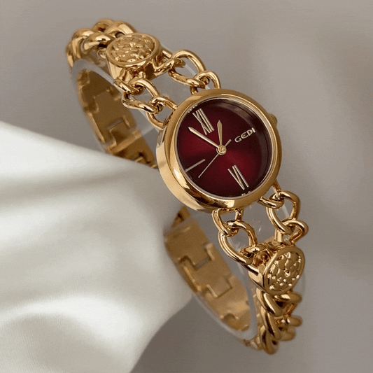 Bold Opulence: A Statement of Opulent Contrast – Crimson Red Dial & Bold Gold Cuff