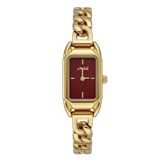 Vintage Glamour: Red Rectangular Dial Watch with Gold Stainless Steel Twisted Rope Bracelet