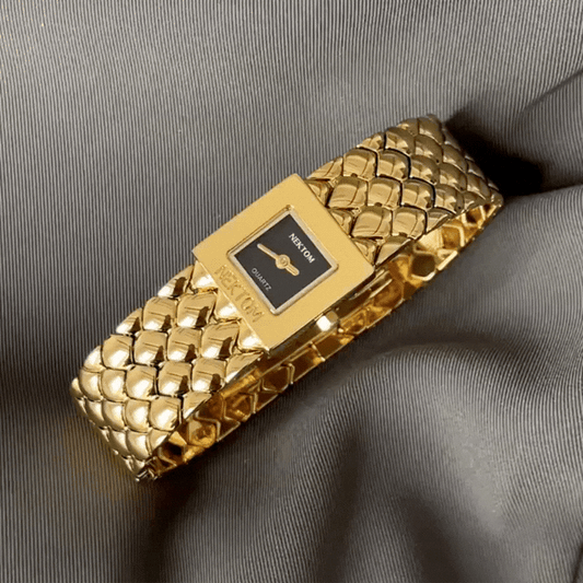 Minimalist Edge: Black Square Dial Watch with Gold-Tone Stainless Steel Bracelet